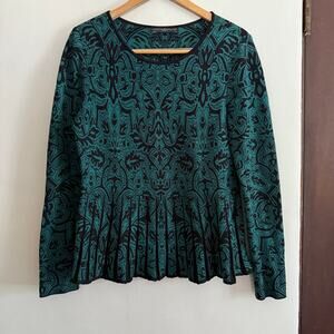 PERUVIAN CONNECTION | Green and Black Pima Cotton Pleat Detail Sweater | Medium